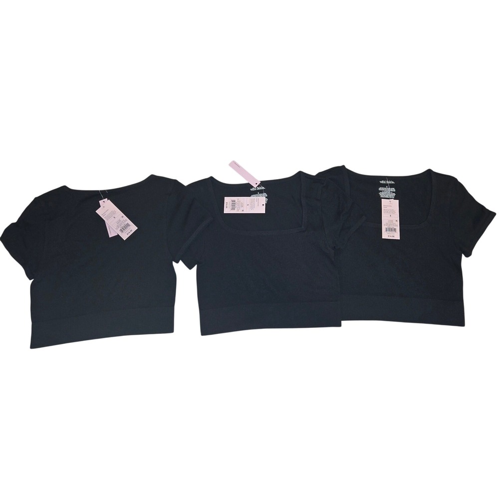 Wild Fable‎ Seamless Crop Top Women Size S Black New 3 Ribbed Square Neck Shirts - Picture 2 of 8